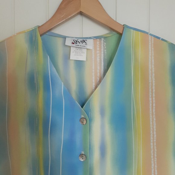Vintage 80s Vera V-Neck Button Up Long Sleeve Stripe Top Pastels Blue Size 14 - Picture 4 of 13